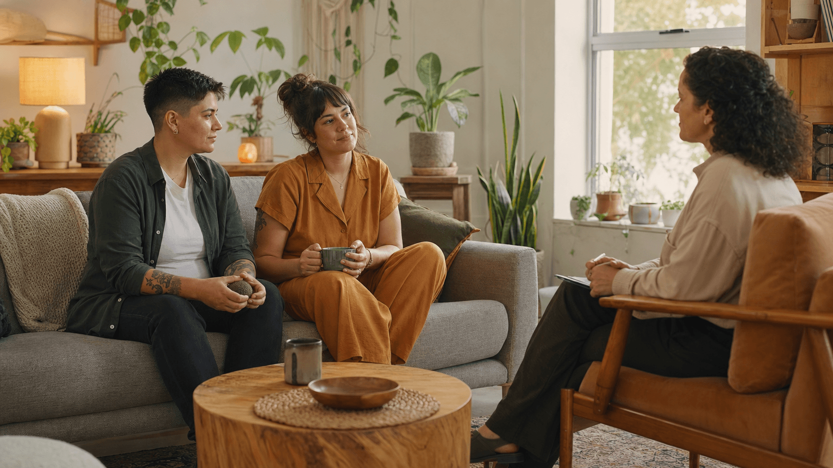 Warm-toned illustration of a couple on a sofa talking with speech bubbles, soft light and abstract shapes behind them.