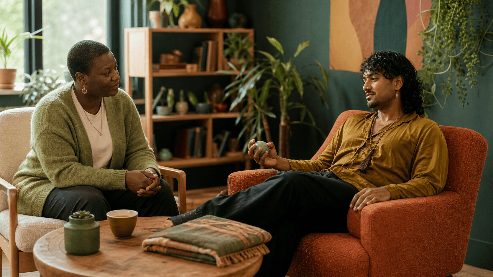 Warm-toned counseling room with two chairs facing each other beside a sunlit window and green plants.
