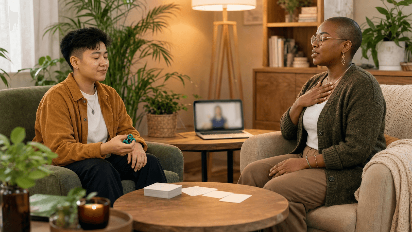 Teen sitting with a therapist in a cozy office, warm lighting, notes and a calming blue-green wall behind them