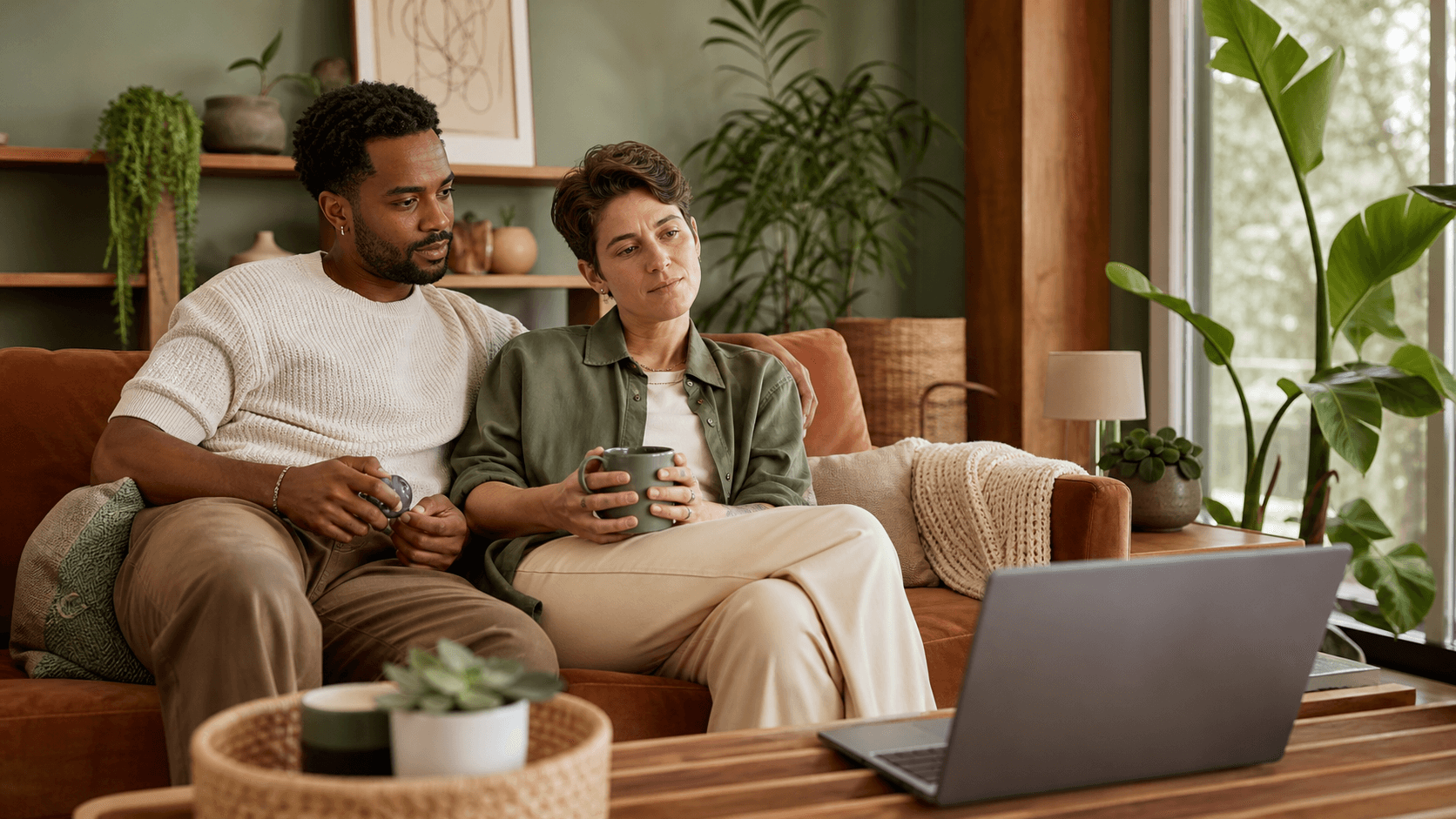 A couple sits on a sofa during a video call with a counselor displayed on a laptop.