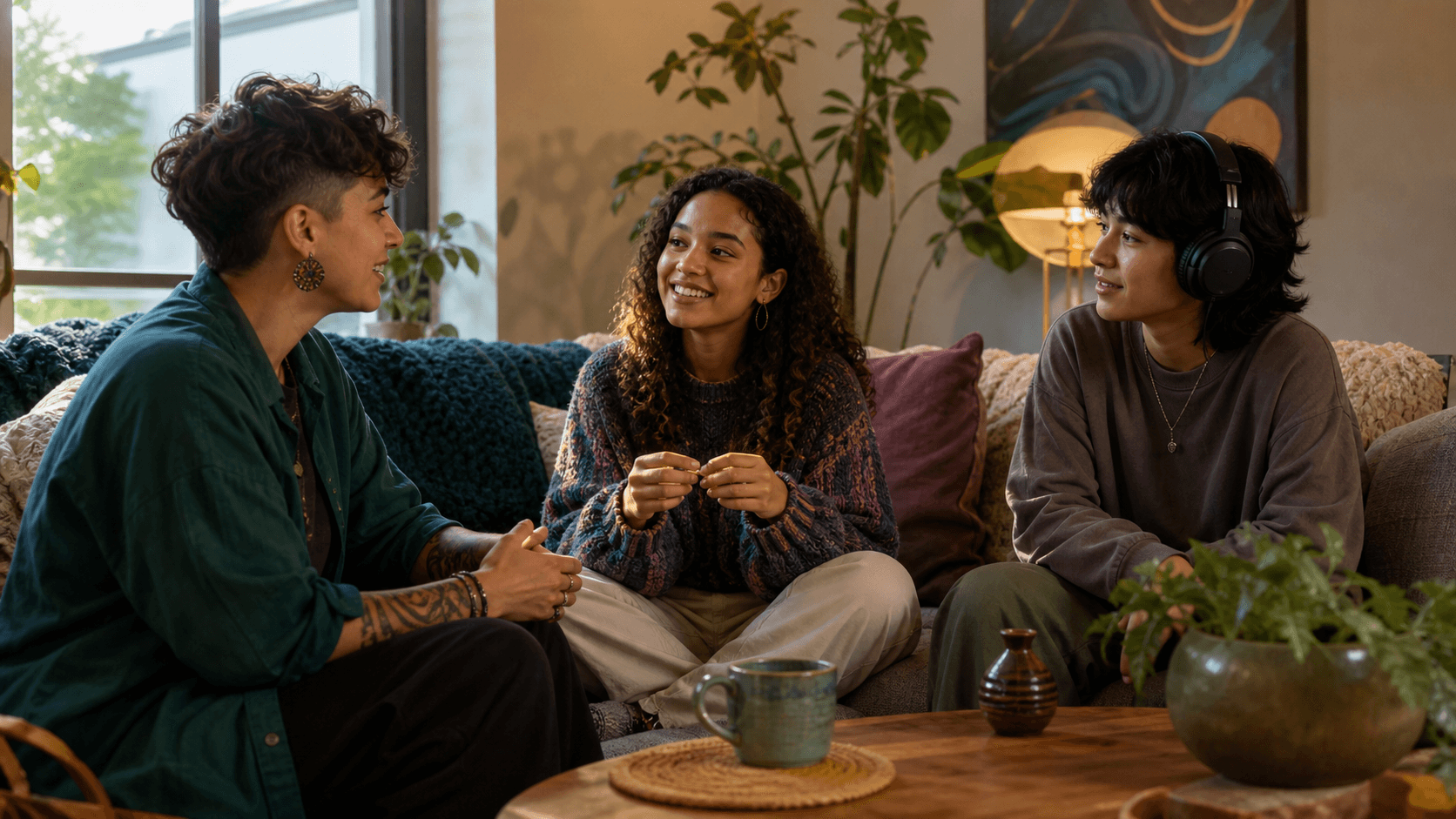 Bright illustration of a teen and young adult at a desk with a coach, pastel brain icons, and warm light.