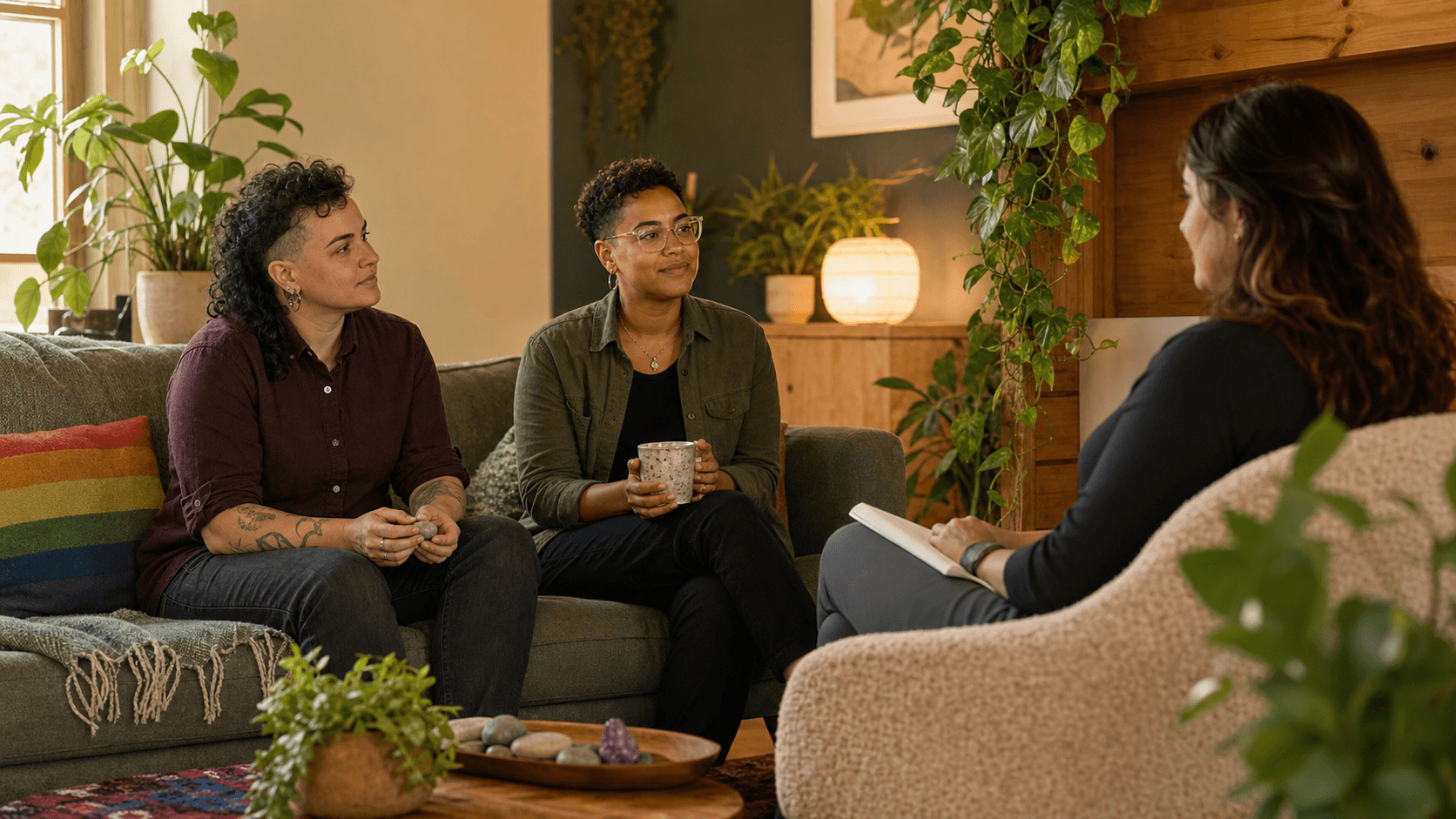 Person on a couch holding a clipboard, rainbow flag on wall, soft daylight through window, neutral-toned room