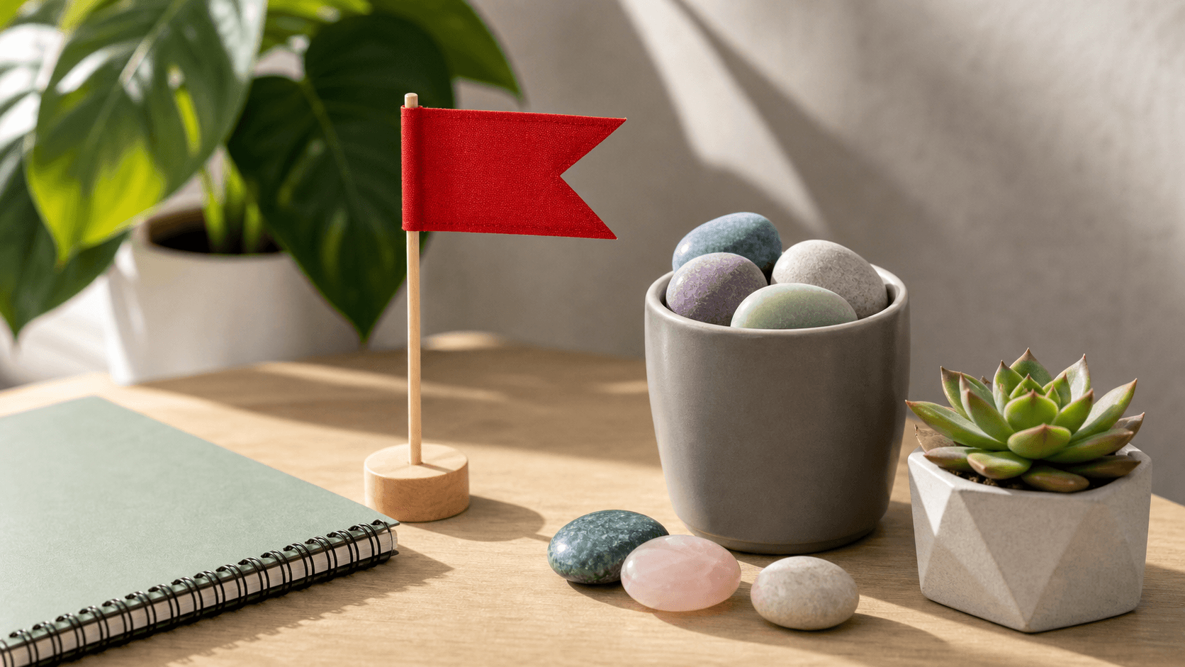 Teen holding a red flag and smartphone against a pastel background with simple heart and warning icons
