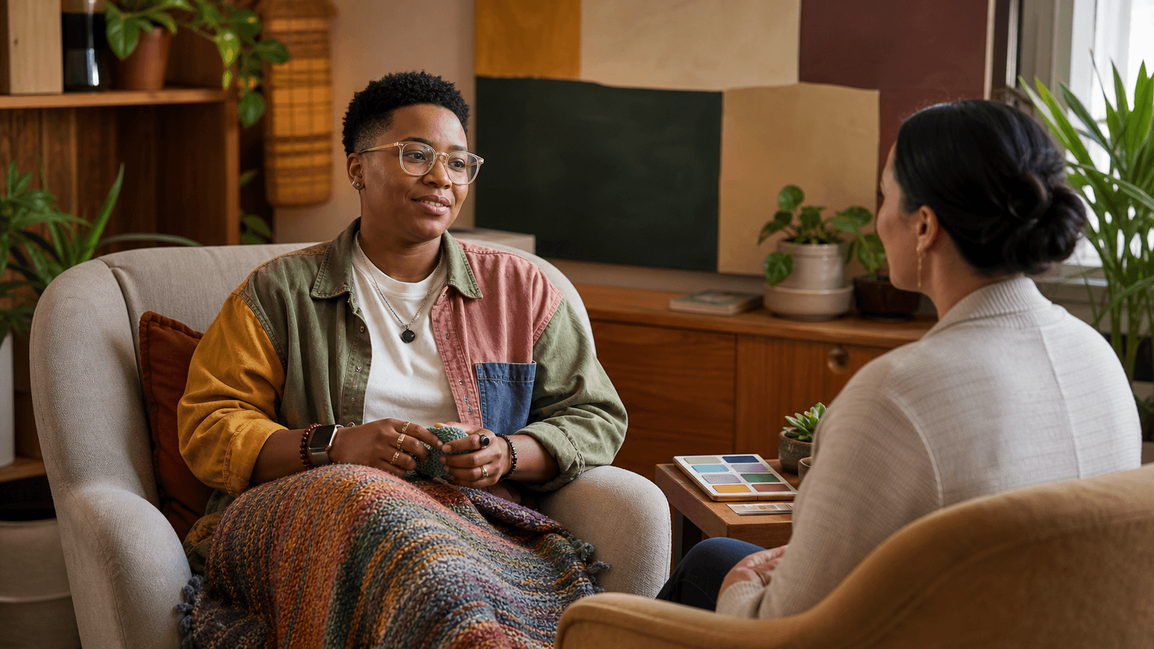 Warm-toned illustration of an adult seated with a psychologist, surrounded by assessment forms and soft blue accents.