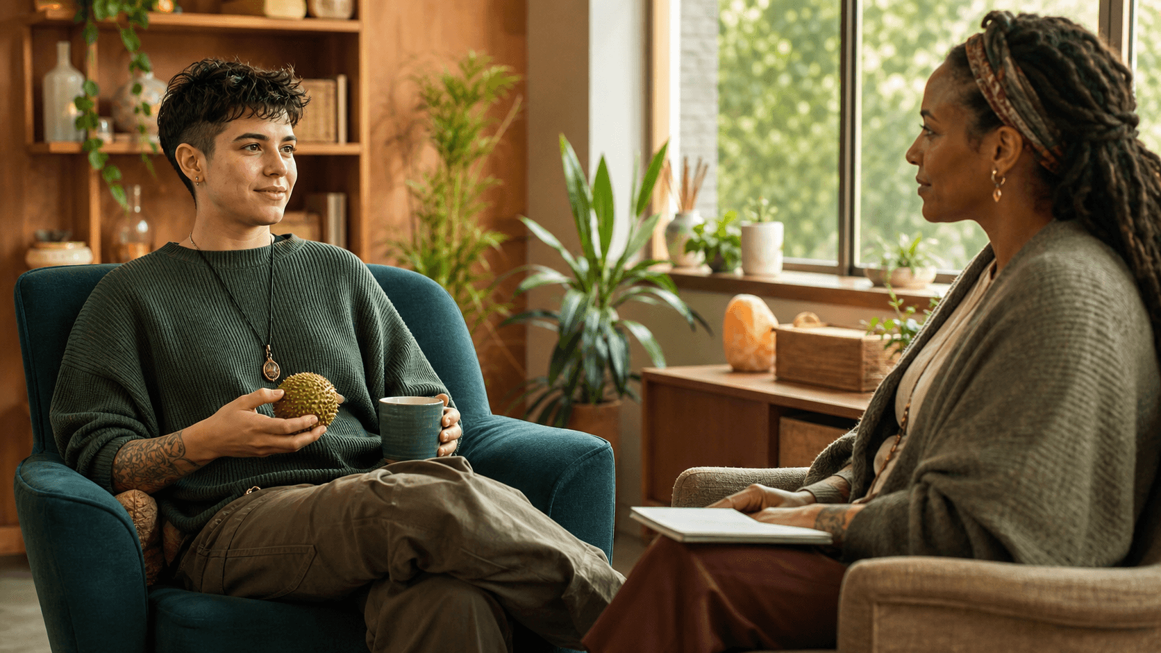 Calm therapy room with two chairs, soft beige tones, and sunlight filtering through a window